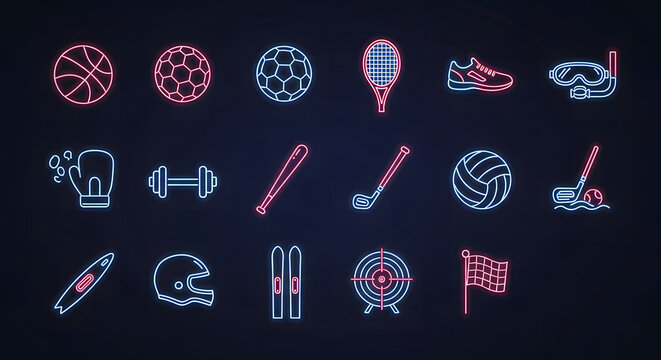 A versatile concept collection of glowing neon icons for sports, fitness, and various athletic activities on a dark background - Powered by Adobe