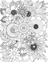 Intricate floral pattern black and white line drawing for coloring and design projects transparent background