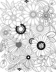 Intricate black and white floral design with diverse flower types and detailed patterns transparent background