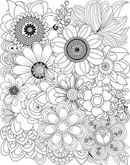 Intricate floral design for coloring pages detailed black and white flower arrangement transparent background