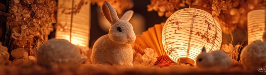 Mid autumn festival celebration with change goddess and moon rabbit asian traditional background banner enchanting festival atmosphere