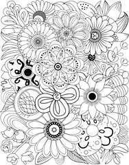 Intricate black and white floral pattern featuring numerous detailed flowers and swirling designs transparent background