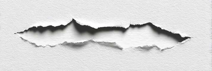 A horizontal tear in white paper, with irregular edges and a shadowed interior
