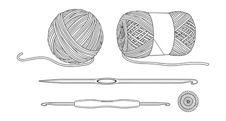 Black and white outline illustration of yarn balls and crochet hooks for crafts projects. Vector Illustration.