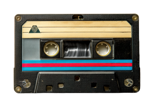 Retro music cassette tapes vintage audio gear home, isolated on transparent background, png - Powered by Adobe