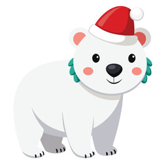 Fototapeta premium A polar bear cub wearing a christmas hat with snow, a cute and charming icon for the cold winter and holiday season.