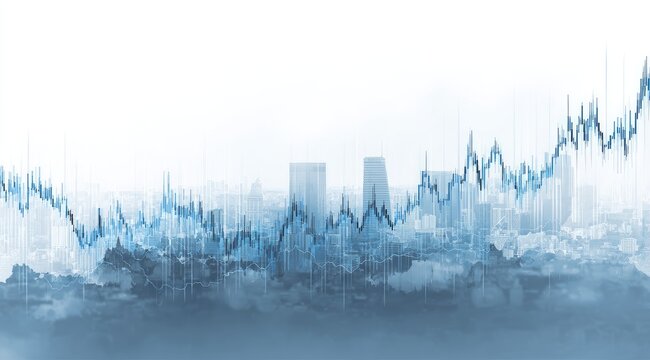Abstract cityscape with overlaid financial chart.  Gray-blue cityscape with a hazy effect, overlaid with a complex, fluctuating financial chart in shades of blue and black