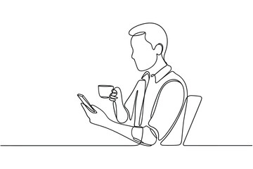 Man with coffee and phone in continuous line drawing style