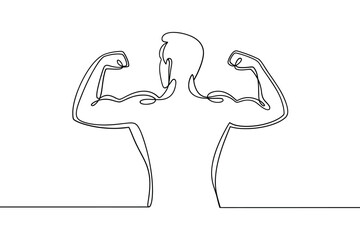 Single line drawing of a muscular person flexing biceps