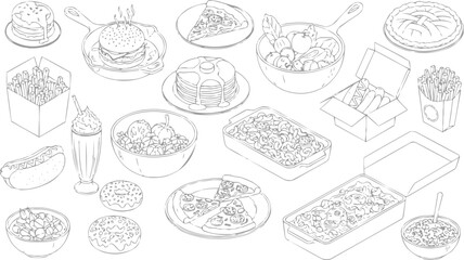 Detailed line art outline vector of American dishes, vector