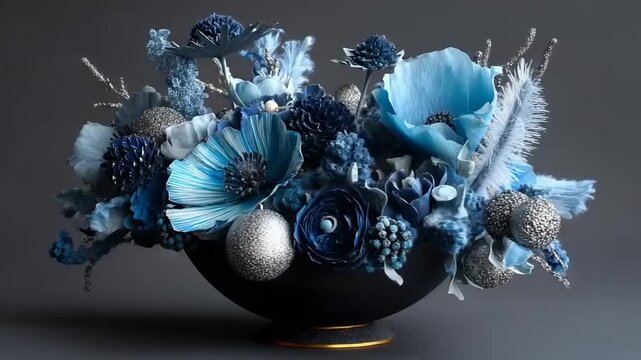 Decorative arrangement of blue and silver flowers in a bowl.