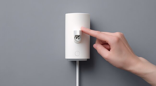 A hand touches a white cylindrical wall-mounted device with a small, round opening.  The device has a small light and a power cord