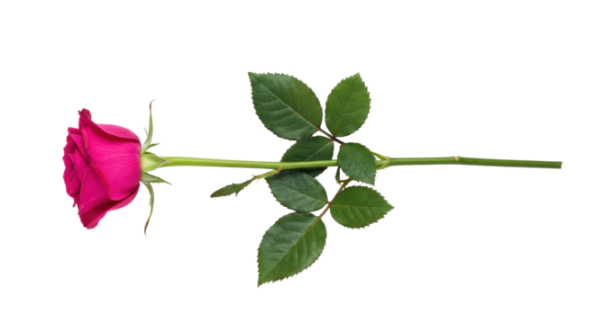 A single fuchsia pink rose bud with green stem and leaves, laid horizontally on a transparent seamless background with soft shadow and copy space, concept of natural purity and growth