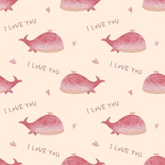 Seamless pattern with cute watercolor pink whale, Love pattern, Valentine illustration, kids fabric design with adorable whales