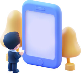 There is a digital character standing in front of a blue phone screen