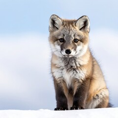 Fototapeta premium A cute fox cub sitting on snow and looking into the camera