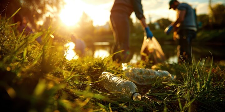 The Plastic Bottle Littered on Grass During Community River Cleanup at Sunset