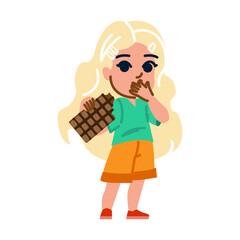 Blond girl enjoying chocolate bar, child holding and savoring sweet treat