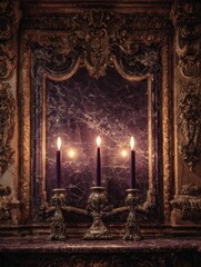 Elegant antique ornate candleholder with gothic design marble base warm candlelight luxurious interior decor vintage craftsmanship sophisticated ambiance