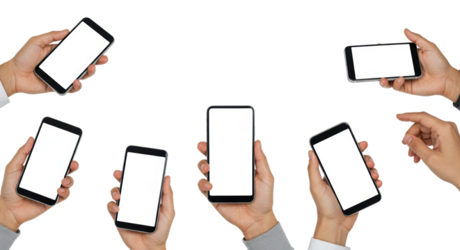 Diverse hands (Caucasian, Asian, African American) hold modern smartphones with blank white screens, neutral sleeves, on a transparent background, concept of digital connectivity