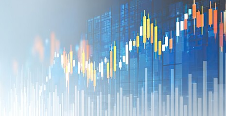 Abstract financial chart with various colored candlestick patterns overlaid on a digital display