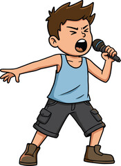 Cartoon boy singing with microphone, passionate performance on stage, music talent, kids concert, fun character illustration, energetic expression, music