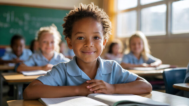 Smiling schoolchild sitting at a desk in a classroom, looking confident and happy. The student is wearing a school uniform and surrounded by classmates. Generated image