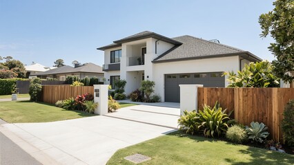 Modern Two-story House with White Exterior and Gray Roof Surrounded by Green Lawn and Wooden Fence