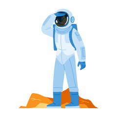 Astronaut exploring new planet covering eyes from sun with hand