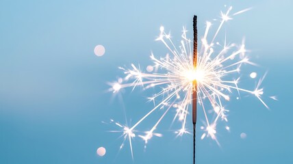 Festive sparkler on a soft blue backdrop casting a radiant glow of celebration and joy perfect for new year festivities fourth of july and special occasions