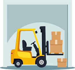 Flat Vector Illustration of Yellow Forklift Loading Boxes in Warehouse &ndash; Logistics, Cargo, and Industrial Equipment