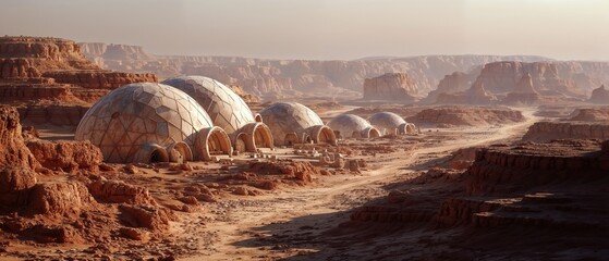 A colony of futuristic dome-shaped buildings sits in a vast, desolate, desert landscape under a hazy sky
