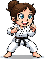 Cartoon girl practicing karate, black belt martial arts stance, confident child fighter, karate kid illustration, white uniform training pose