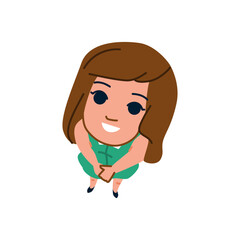 Smiling girl looking up in green dress, high angle view