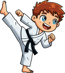 Cute cartoon boy doing karate high kick, wearing white martial arts uniform and black belt, energetic pose, kids martial art action