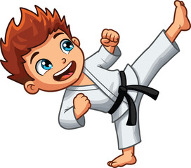 Cute cartoon boy doing karate high kick, wearing white martial arts uniform and black belt, energetic pose, kids martial art action