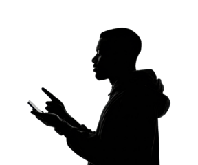Engaging smartphone use by individual urban silhouette, isolated on transparent background, png