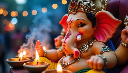 “Close-up of Lord Ganesha idol surrounded by diyas and incense smoke, divine aura”