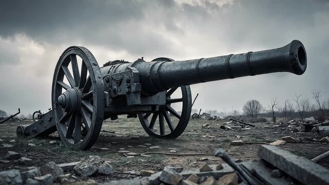 Old battlefield cannon on wooden wheels positioned in desolate war landscape under cloudy dramatic sky surrounded by ruins and debris