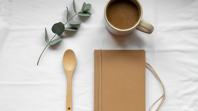 Minimalist workspace with coffee cup notebook wooden spoon and eucalyptus branch on a white cloth creating a calm and productive atmosphere for planning and creativity