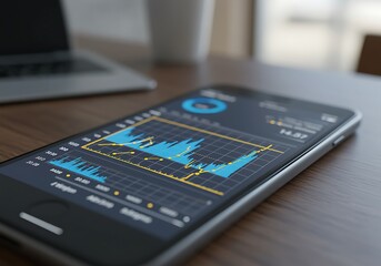 Smartphone displaying financial data analysis with charts and graphs for investment growth and business analytics on a wooden desktop with laptop