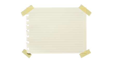 Aged cream-colored lined paper with torn left edge, taped top right and bottom left, flat lay on transparent background with ample negative space, concept of vintage communication