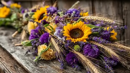 Colorful flower arrangement on rustic wood - Powered by Adobe