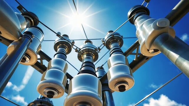 High voltage power substation insulators with steel structures and electric wires under bright sunlight against blue sky generating electricity