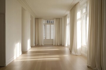 Fototapeta premium Bright empty room with wooden floor white walls and curtains interior space.