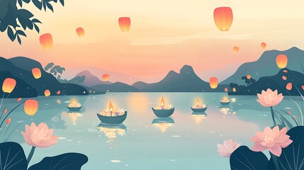 Calm lake, lanterns, sunset