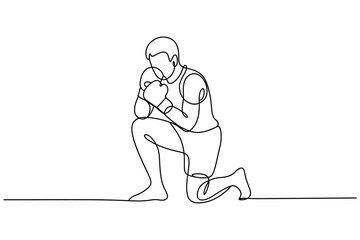 Single line drawing of a person kneeling in prayer