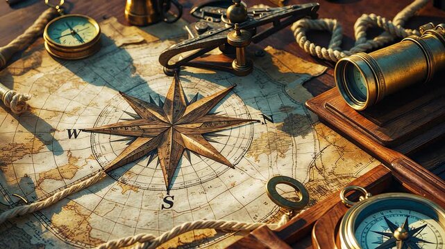 Vintage nautical compass with ancient world map surrounded by rope telescope magnifying glass and navigation tools evoking exploration history