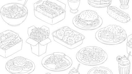 Black and white outline vector of American fast food, vector