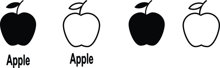 Apple icon set with solid black silhouette and outline vector illustration style. Collection of fruit icons for food, nutrition, health, organic, vegetarian, vegan and fresh produce design